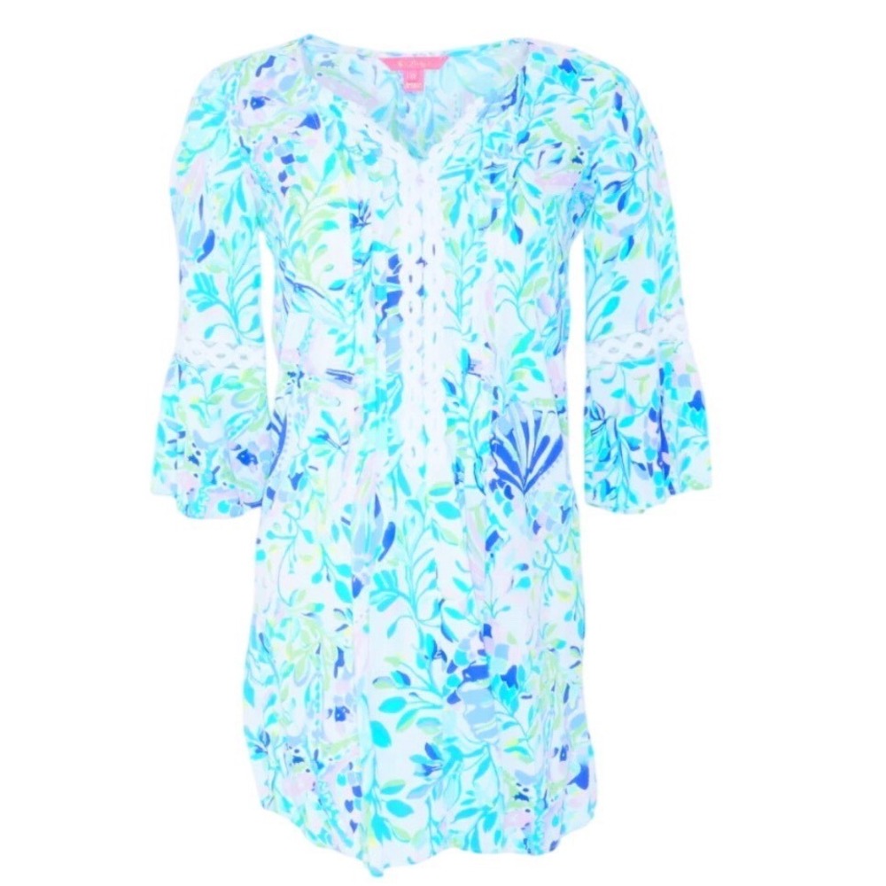 Lilly Pulitzer Mini Dress Women XS Blue Green Floral Excellent Crochet Trim